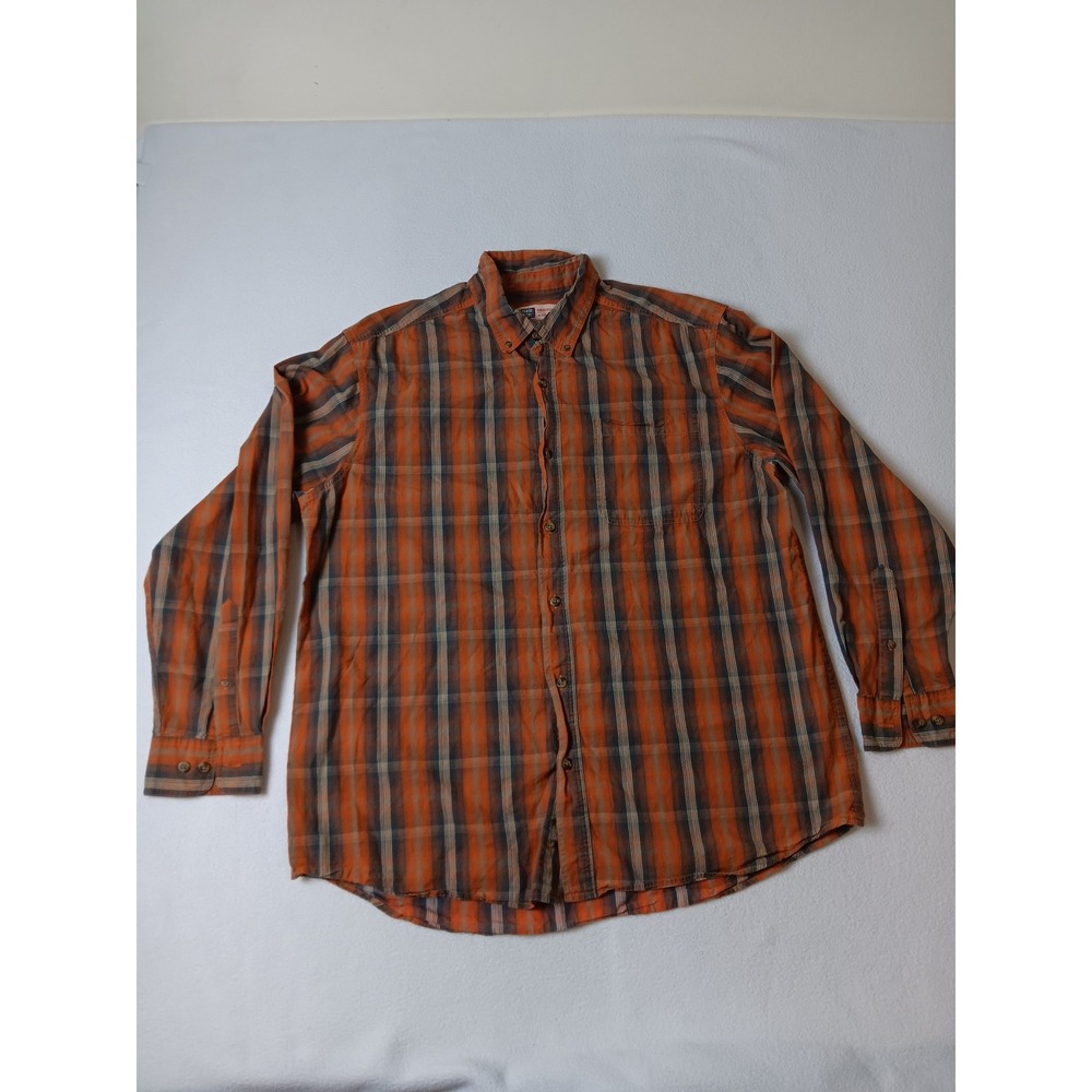 Faded Glory Originals Mens XL Plaid Button Down Shirt Orange Grey 100% Cotton